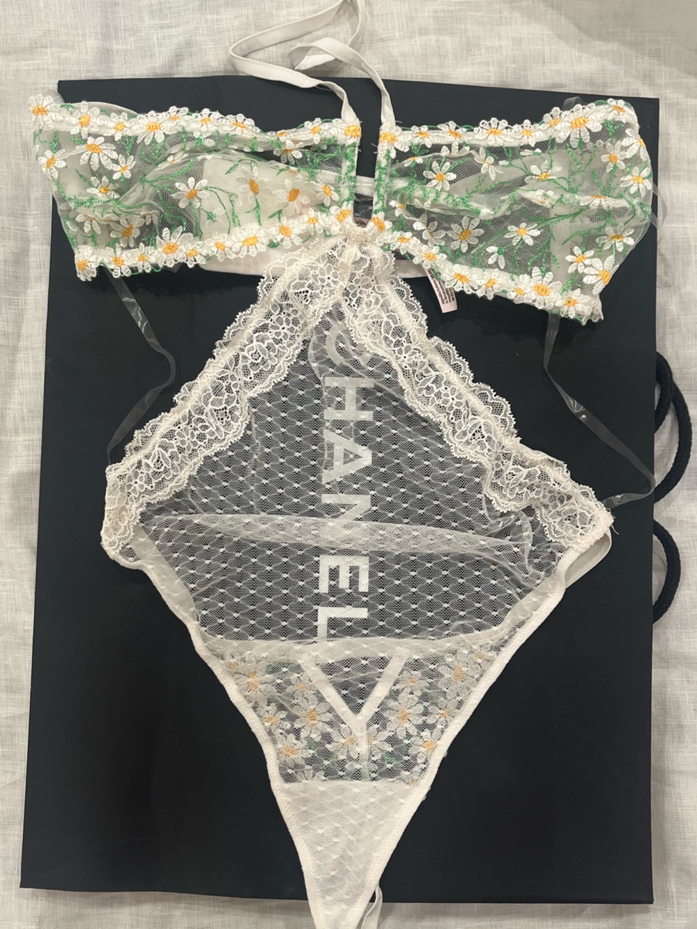 Victoria's Secret White Sheer Lace Daisy Embroidered Bralette & Teddy